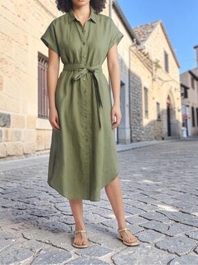 Tommy Bahama Coastalina Button-Front Olive Green Shirt Dress with Waist Tie
